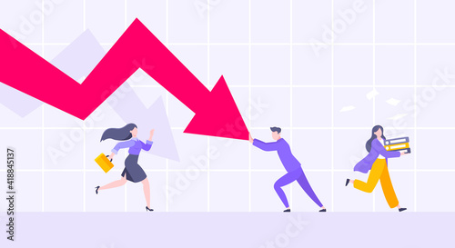 Cost reduction and business bankruptcy concept. Young adult people pushed red crisis arrow downturn vector illustration. Economy crisis, investment global market risk and stock market crash metaphor.