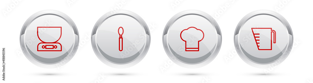 Set line Electronic scales, Spoon, Chef hat and Measuring cup. Silver circle button. Vector. Set line Electronic scales, Spoon, Chef hat and Measuring cup. Silver circle button. Vector.