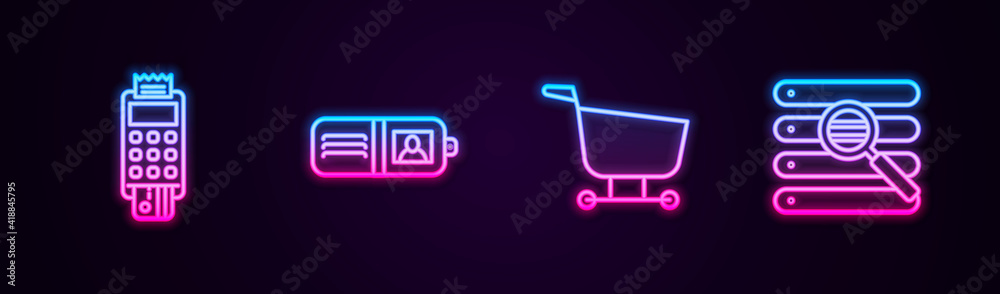 Set line POS terminal with credit card, Wallet, Shopping cart and Search browser window. Glowing neon icon. Vector. Set line POS terminal with credit card, Wallet, Shopping cart and Search browser window. Glowing neon icon. Vector.