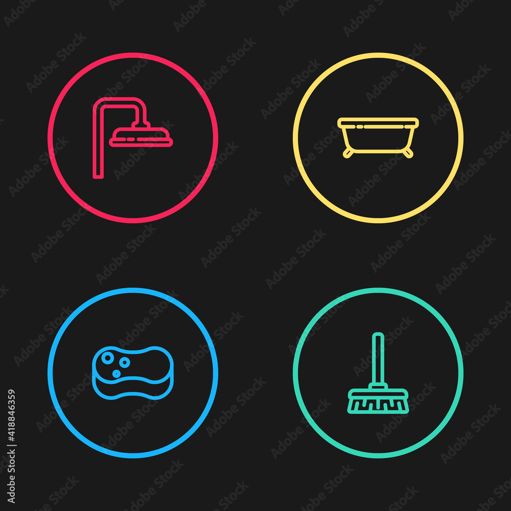 Set line Sponge, Handle broom, Bathtub and Shower head icon. Vector. Set line Sponge, Handle broom, Bathtub and Shower head icon. Vector.
