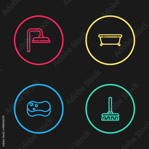 Set line Sponge, Handle broom, Bathtub and Shower head icon. Vector.