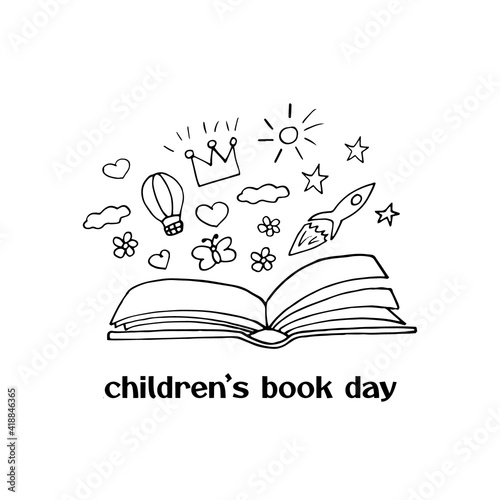 children book day template card, poster, flyer, banner. open book, rocket, balloon, crown, heart, sun, stars. fantasy, fairy tale, imagination. sketch hand drawn doodle. vector, minimalism, monochrome
