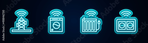 Set line Wireless antenna, Smart washer, heating radiator and electrical outlet. Glowing neon icon. Vector.