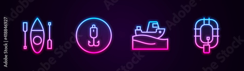 Set line Kayak or canoe, Fishing hook, boat on water and Inflatable. Glowing neon icon. Vector.