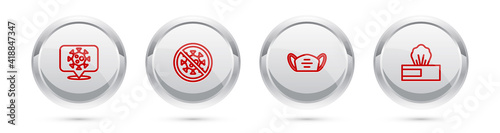 Set line Corona virus on location, Stop, Medical protective mask and Wet wipe pack. Silver circle button. Vector.