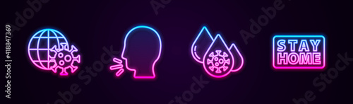 Set line Earth globe with virus, Man coughing, Blood test and and Stay home. Glowing neon icon. Vector.
