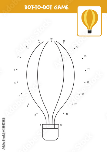 Connect the dots game with cartoon hot air balloon.
