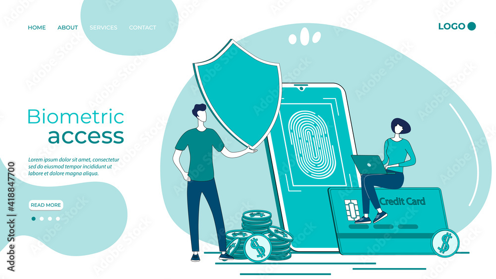 Protection of bank data with biometric access.The concept of electronic payment security.People on the background of a smartphone and a shield.Flat vector illustration.The landing page template. Protection of bank data with biometric access.The concept of electronic payment security.People on the background of a smartphone and a shield.Flat vector illustration.The landing page template.