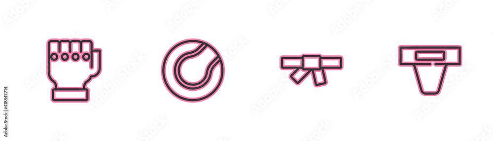 Set line MMA glove, Black karate belt, Tennis ball and Groin guard icon. Vector. Set line MMA glove, Black karate belt, Tennis ball and Groin guard icon. Vector.