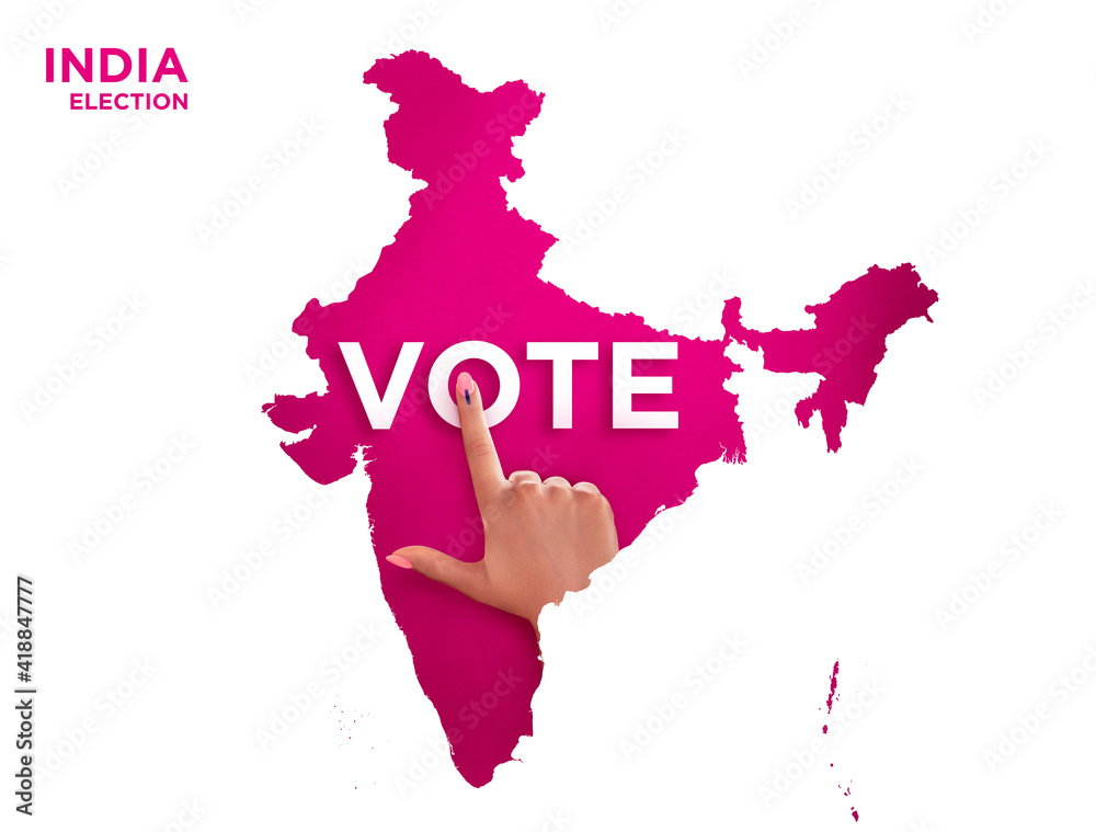VOTE FOR INDIA, female Indian Voter Hand with voting sign or ink