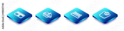 Set Isometric line Boxing ring board, Apple and measuring tape, and Bathroom scales icon. Vector.