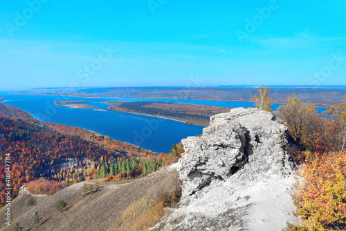 aerial view with Strelnaya mount and Volga river, Zhiguli mountains, Russia photo