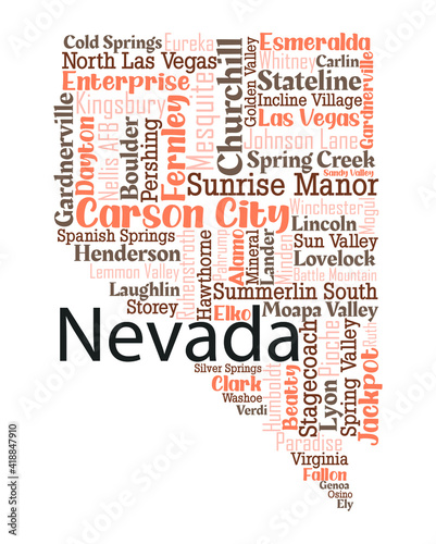 Word cloud map design includes all Counties, Cities, Municipalities in the state of Nevada. Four different types of fonts are grouped by different colors so they can be easily edited.