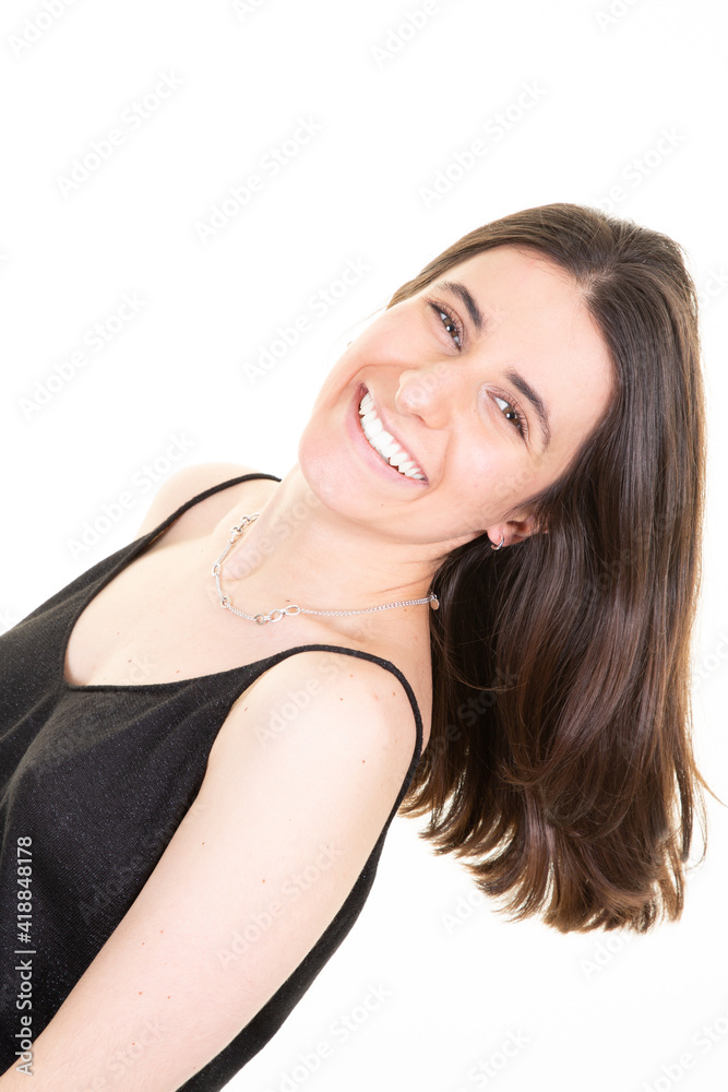 cheerful young woman brunette long brown hair smiling on white background cheerful young woman brunette long brown hair smiling on white background