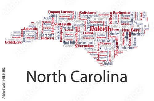 Word cloud map design includes all Counties, Cities, Municipalities in the state of North Carolina. Three different types of fonts are grouped by different colors so they can be easily edited.