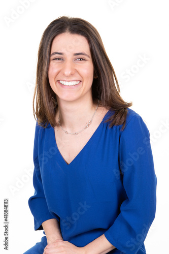 pretty beautiful cheerfull slim smiling happy businesswoman sit in blue dress over white background © OceanProd