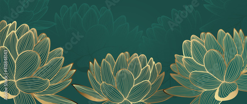 Luxury wallpaper design with Golden lotus and green natural background. Lotus line arts design for fabric, prints and background texture, Vector illustration.
