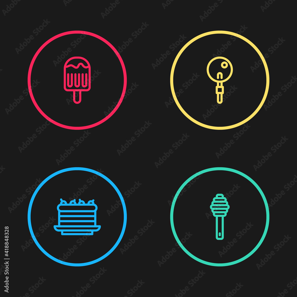 Set line Cake, Honey dipper stick, Lollipop and Ice cream icon. Vector. Set line Cake, Honey dipper stick, Lollipop and Ice cream icon. Vector.