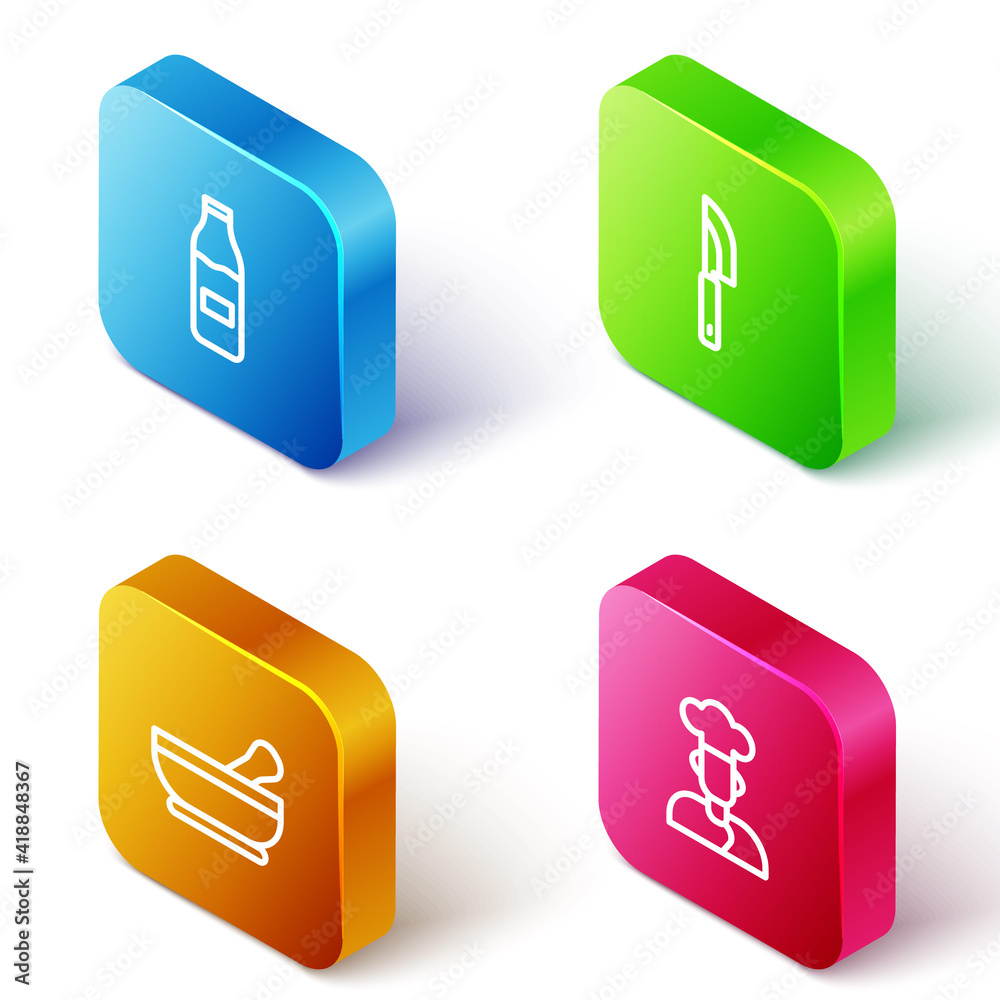 Set Isometric line Bottle with milk, Knife, Mortar and pestle and Cook icon. Vector. Set Isometric line Bottle with milk, Knife, Mortar and pestle and Cook icon. Vector.