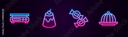 Set line Electronic scales, Pudding custard, Candy and . Glowing neon icon. Vector.