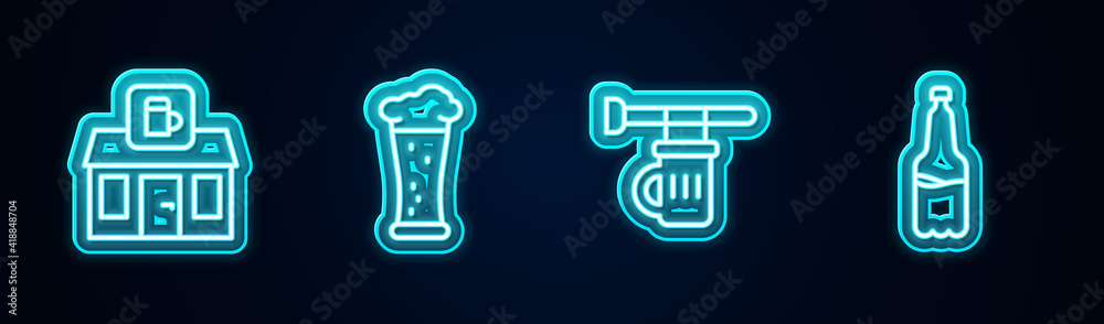 Set line Store building of beer shop, Glass, Signboard with glass and Plastic bottle. Glowing neon icon. Vector.