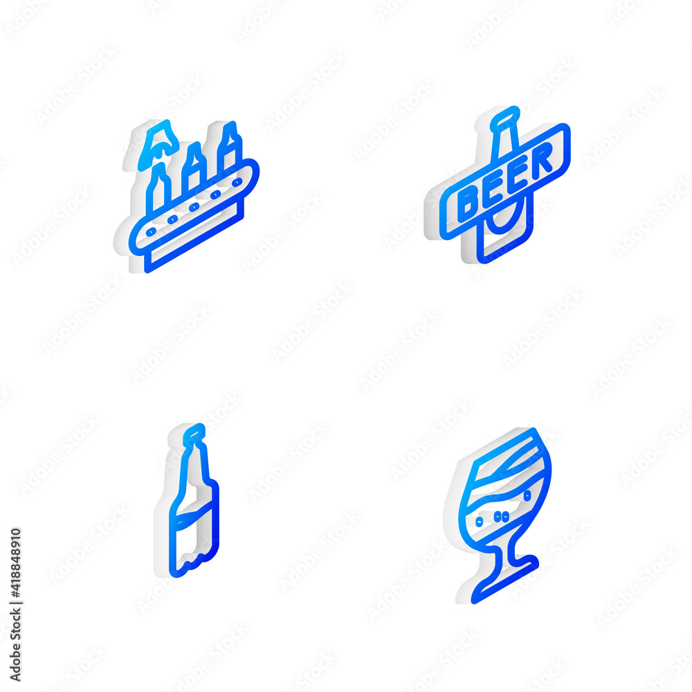 Set Isometric line Beer bottle, Conveyor band, beer, Plastic and Glass of icon. Vector. Set Isometric line Beer bottle, Conveyor band, beer, Plastic and Glass of icon. Vector.
