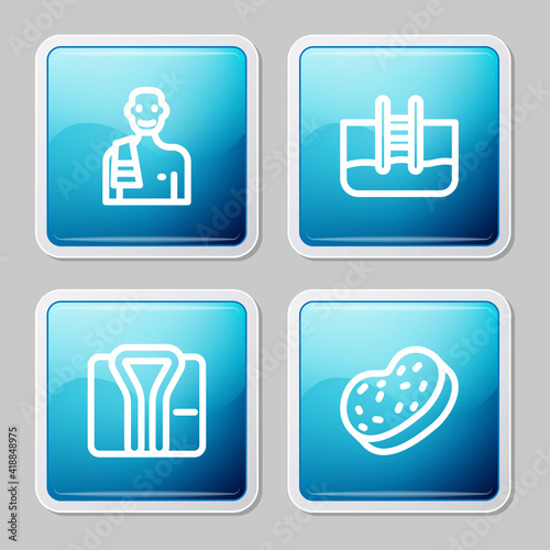 Set line Man in the sauna, Swimming pool with ladder, Bathrobe and sponge icon. Vector.