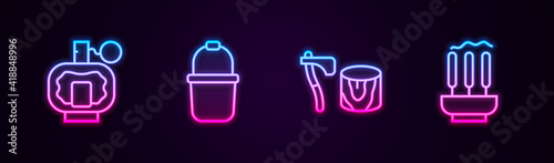Set line Aftershave, Sauna bucket, Wooden axe in stump and Incense sticks. Glowing neon icon. Vector.