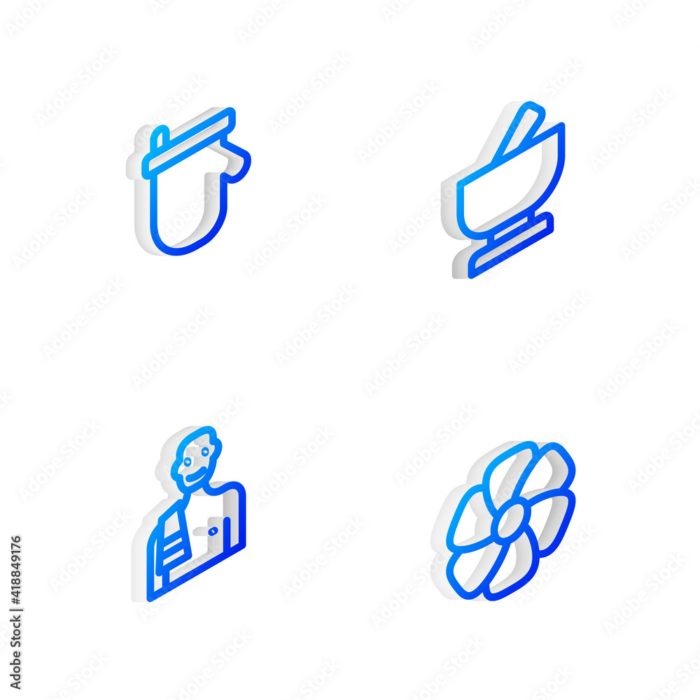 Set Isometric line Mortar and pestle, Sauna mittens, Man in the sauna and Flower icon. Vector. Set Isometric line Mortar and pestle, Sauna mittens, Man in the sauna and Flower icon. Vector.