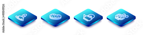 Set Isometric line Man in the sauna, Bath sponge, Kettle with handle and Aftershave icon. Vector.