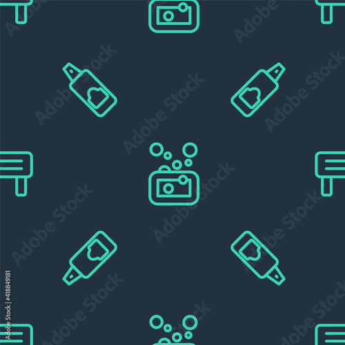 Set line Bar of soap, Spray can for hairspray and Sauna wood bench on seamless pattern. Vector.