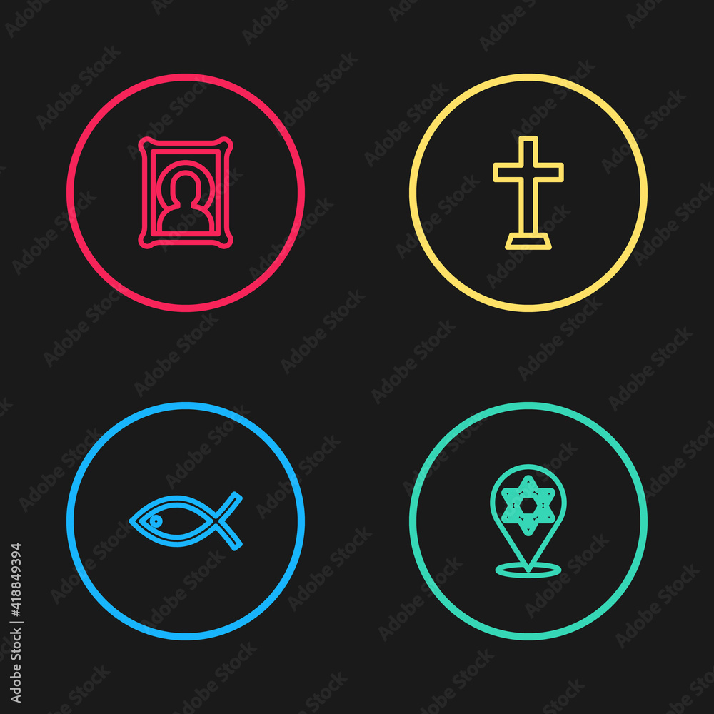 Set line Christian fish, Star of David, cross and icon icon. Vector. Set line Christian fish, Star of David, cross and icon icon. Vector.