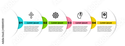 Set line Christian cross, Dharma wheel, Cross ankh and Jewish torah book. Business infographic template. Vector.