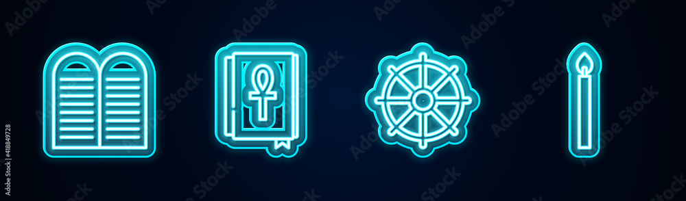 Set line The commandments, Cross ankh book, Dharma wheel and Burning candle. Glowing neon icon. Vector. Set line The commandments, Cross ankh book, Dharma wheel and Burning candle. Glowing neon icon. Vector.
