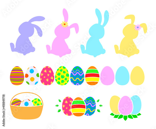 Set of Easter symbols. Easter rabbit, easter eggs, flat style. Vector illustration.