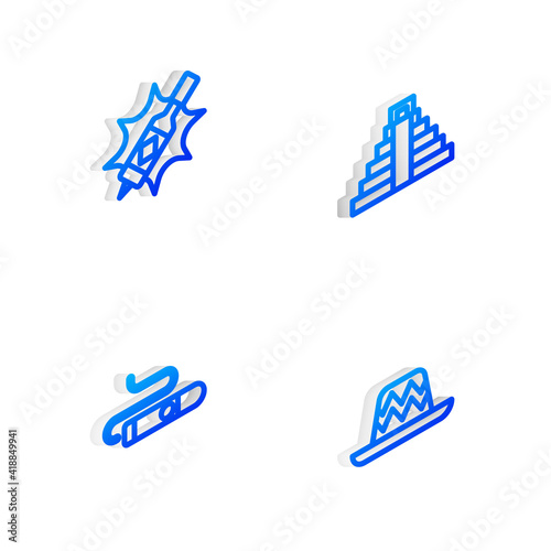 Set Isometric line Chichen Itza in Mayan, Tabasco sauce, Cigar and Mexican sombrero icon. Vector.