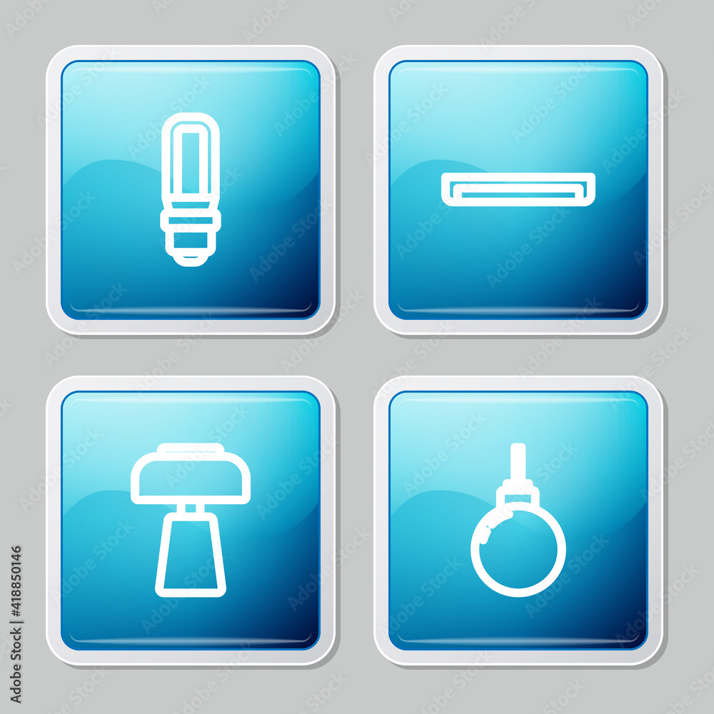 Set line LED light bulb, Fluorescent lamp, Table and Lamp hanging icon. Vector. Set line LED light bulb, Fluorescent lamp, Table and Lamp hanging icon. Vector.