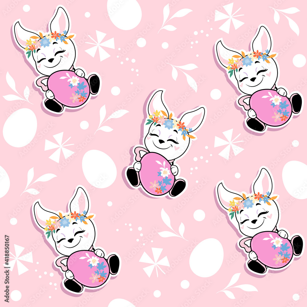 Cute easter bunny, flowers and easter eggs seamless pattern on a pink background. Greeting card. Vector illustration funny animals