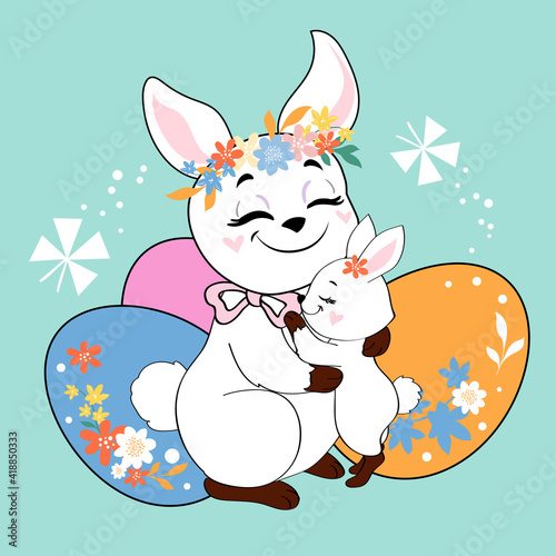 Dekoracja na wymiar  family-of-hares-and-easter-eggs-on-a-blue-background-vector-illustration-funny-rabbits-holiday-postcard