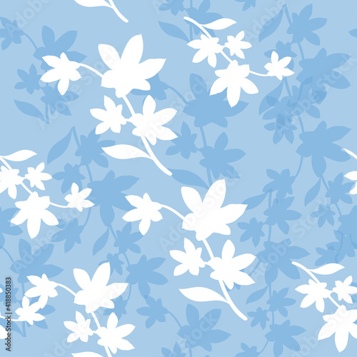 White and blue spring flowers on a blue background seamless pattern. Trendy illustration vector pattern for brand identity,  wrapping and wallpapers