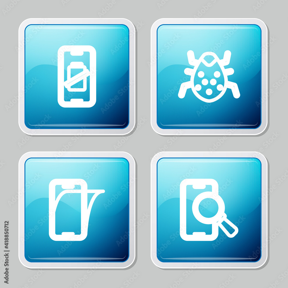 Set line Smartphone battery charge, System bug, Glass screen protector and Phone repair service icon. Vector. Set line Smartphone battery charge, System bug, Glass screen protector and Phone repair service icon. Vector.