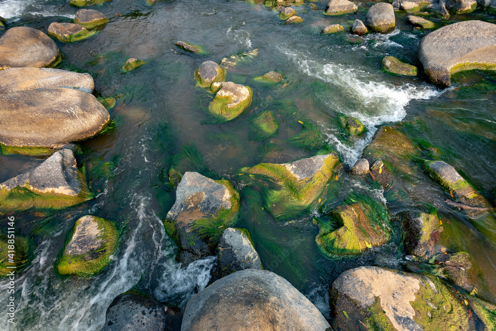 The dry river has many boulders and green moss grows on the rocks in summer. The dry river has many boulders and green moss grows on the rocks in summer.