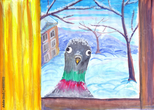 Funny pigeon is sitting on the cornice and looking through the glass into the room. Winter view outside the window. Snow is on the ground, trees and on the roof of the neighbour house. Yellow curtain.
