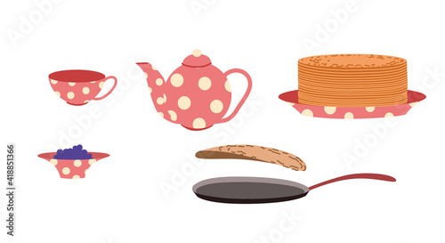 Tea set with jam and pancakes. Shrovetide week. Breakfast on Shirokaya Shrovetide. Vector flat illustration on a white isolated background.