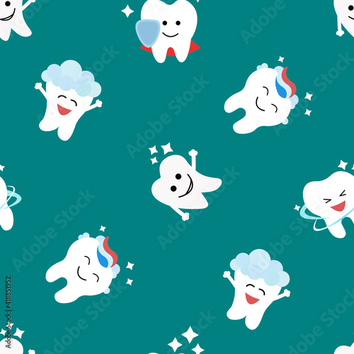 Healthy teeth seamless pattern. Oral dental hygiene. Children teeth care. Baby texture. Flat design. Blue background Vector illustration.	