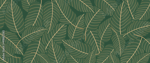 Golden green leaf background vector. Natural leaves wallpaper design. Vector illustration.