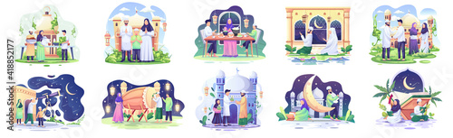 Set of Ramadhan concept illustration. Happy Muslim people celebrate Holy Month Ramadhan, Eid Mubarak greeting. vector illustration
