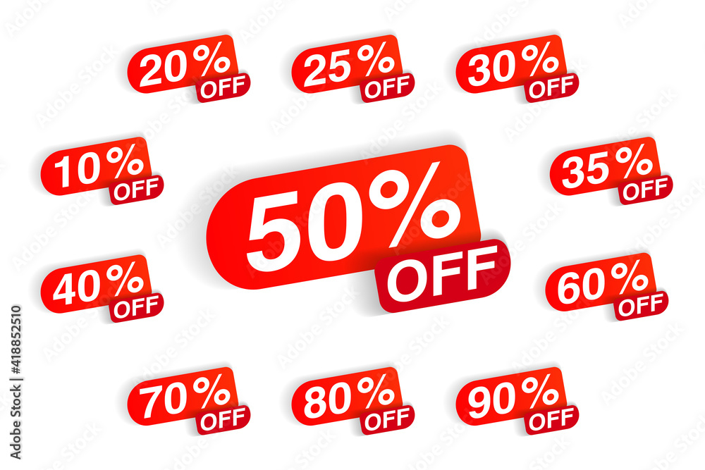 Discount clearance sale red sticker offering price reduction. Sticky badge or label with ten to ninety percent off set for economy shopping vector illustration isolated on white background Discount clearance sale red sticker offering price reduction. Sticky badge or label with ten to ninety percent off set for economy shopping vector illustration isolated on white background