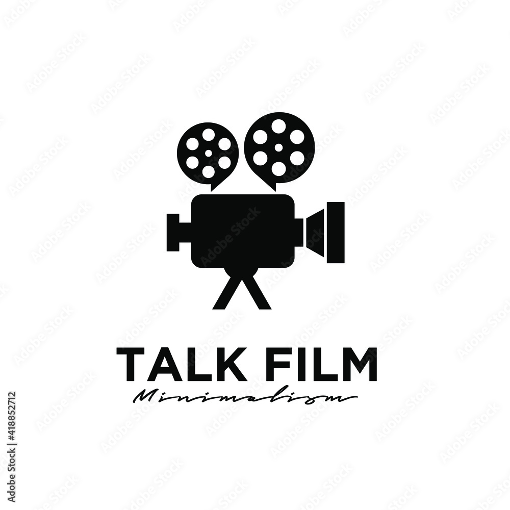 talk film Studio Movie Video Cinema Cinematography Film Production concept camcorder with film roll as bubble chat logo design vector icon illustration Isolated White Background