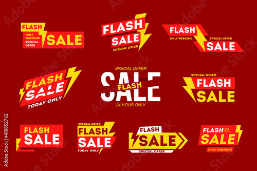 Special flash sale limited time promotion banner design set. Marketing tag with lightning and bargain offer advertising only today, this weekend vector illustration isolated on red background
